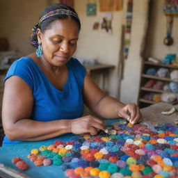 A skilled artisan woman meticulously crafting colorful, local beads in a bright, charming setting.