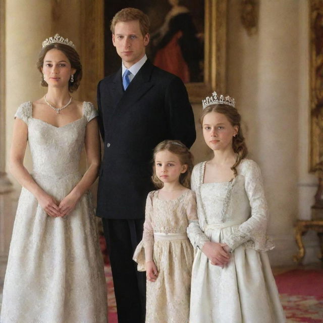 A young prince and princess standing proudly, with a stately king and queen subtly appearing in the background