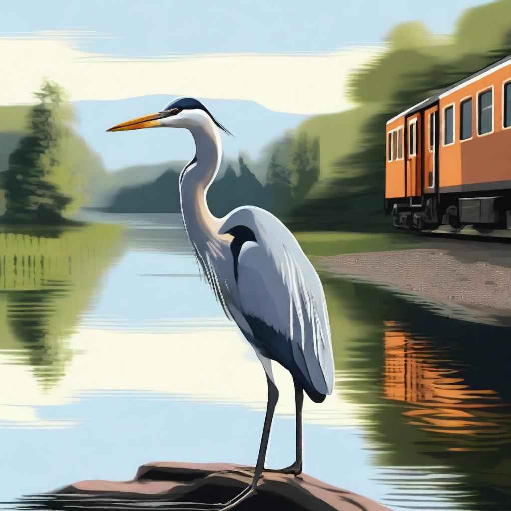 A high-quality digital art image of a heron near a body of water with a train traveling in the background.