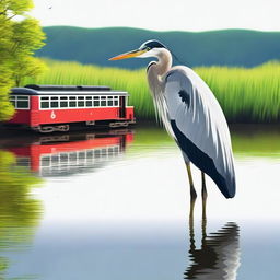 A high-quality digital art image of a heron near a body of water with a train traveling in the background.