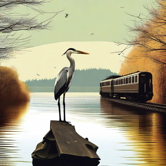 A high-quality digital art image of a heron near a body of water with a train traveling in the background.