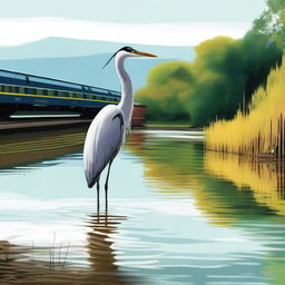 A high-quality digital art image of a heron near a body of water with a train traveling in the background.