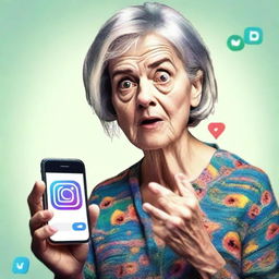 A digital art image of a 60-year-old woman with a puzzled expression on her face as she looks at an Instagram interface on her smartphone