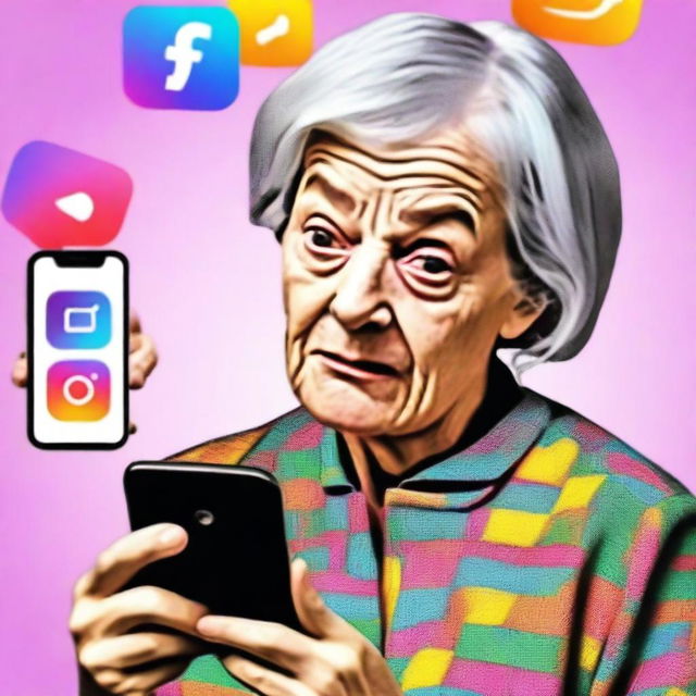 A digital art image of a 60-year-old woman with a puzzled expression on her face as she looks at an Instagram interface on her smartphone