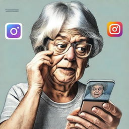 A digital art image of a 60-year-old woman with a puzzled expression on her face as she looks at an Instagram interface on her smartphone