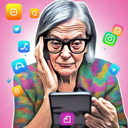 A digital art image of a 60-year-old woman with a puzzled expression on her face as she looks at an Instagram interface on her smartphone