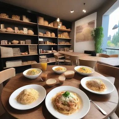 The carbo loading in this modern cafe includes a variety of starchy foods like pasta, rice, and bread, creating a warm and inviting atmosphere.