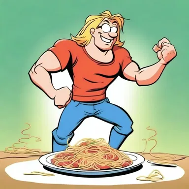 In the cartoon, the protagonist carbo loads with an excessive amount of spaghetti, gaining super strength to defeat the villains.