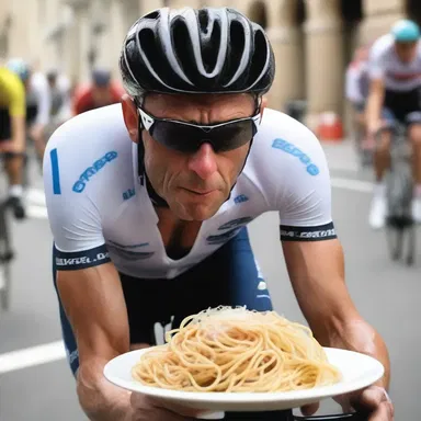 The movie depicts a professional cyclist preparing for a race by carbo loading with a big plate of spaghetti, emphasizing the importance of carbohydrates for endurance athletes.
