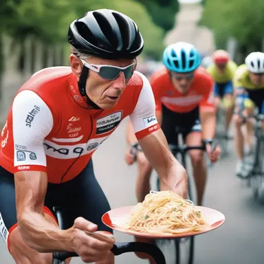 The movie depicts a professional cyclist preparing for a race by carbo loading with a big plate of spaghetti, emphasizing the importance of carbohydrates for endurance athletes.