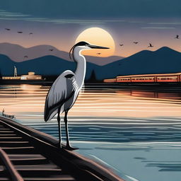 A high-quality digital art image of a heron near a body of water with a train traveling in the background at night.