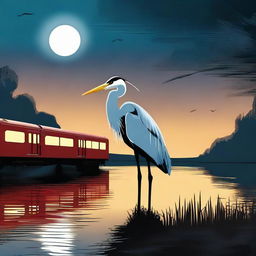 A high-quality digital art image of a heron near a body of water with a train traveling in the background at night.