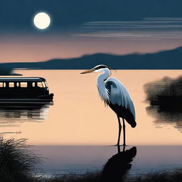 A high-quality digital art image of a heron near a body of water with a train traveling in the background at night.