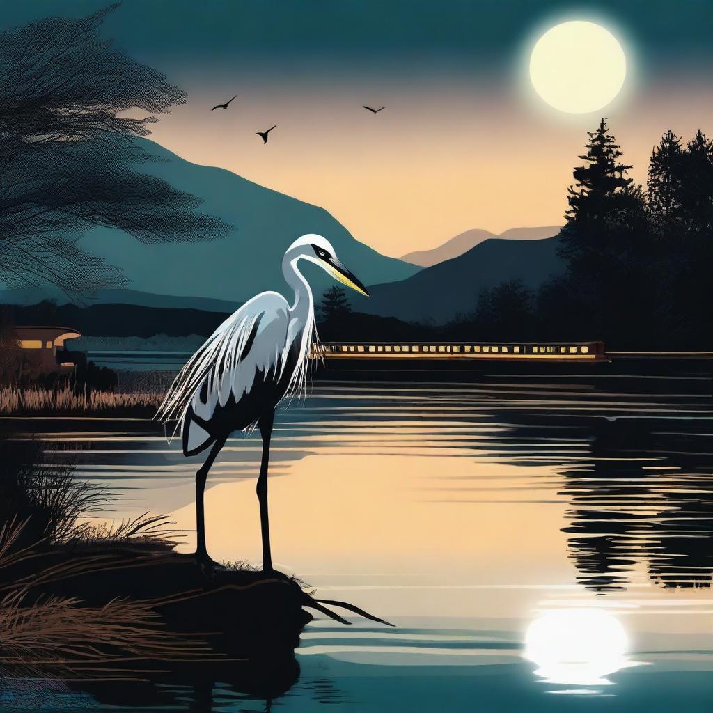 A high-quality digital art image of a heron near a body of water with a train traveling in the background at night.