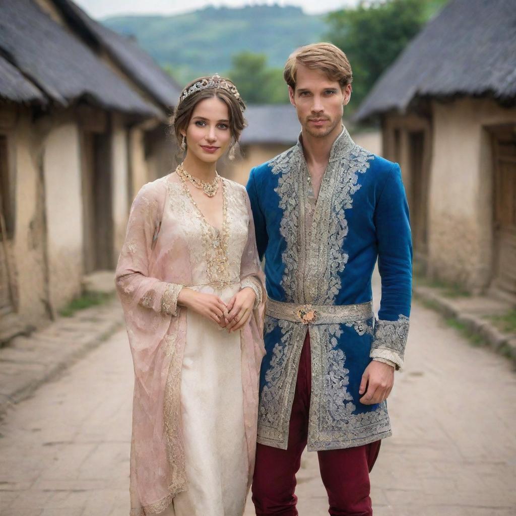 A sophisticated prince stands next to a beautiful girl adorned in charming village attire.