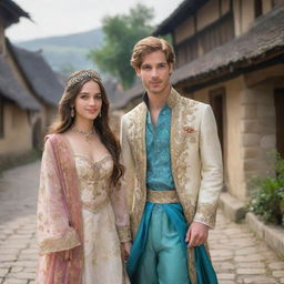 A sophisticated prince stands next to a beautiful girl adorned in charming village attire.