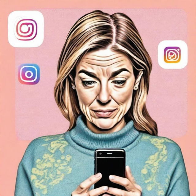 A revised digital art image now depicts a slightly younger woman, around 50 years old, looking at an Instagram interface on her smartphone