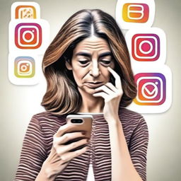 A revised digital art image now depicts a slightly younger woman, around 50 years old, looking at an Instagram interface on her smartphone