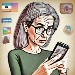 A revised digital art image now depicts a slightly younger woman, around 50 years old, looking at an Instagram interface on her smartphone