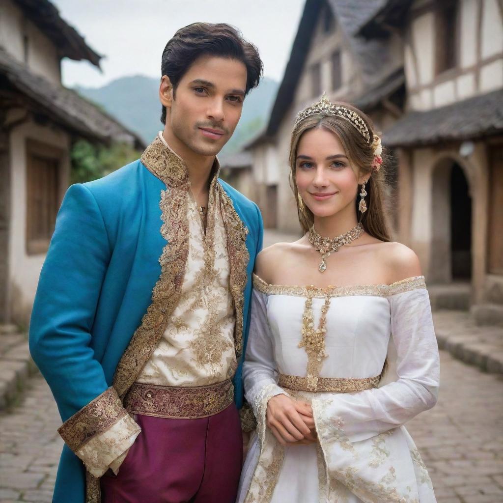 A sophisticated prince stands next to a beautiful girl adorned in charming village attire.