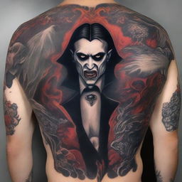 A high-quality digital art image of a tattoo design showcasing a dramatic scene of a vampire meeting its end