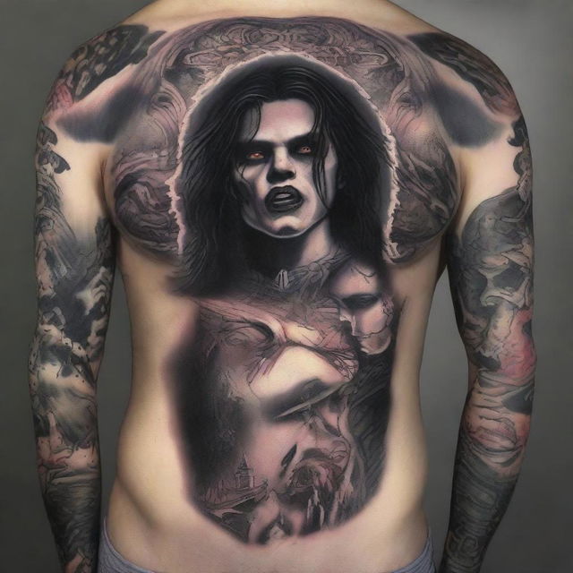 A high-quality digital art image of a tattoo design showcasing a dramatic scene of a vampire meeting its end