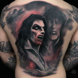 A high-quality digital art image of a tattoo design showcasing a dramatic scene of a vampire meeting its end