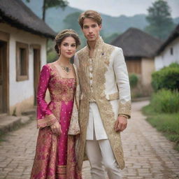 A sophisticated prince stands next to a beautiful girl adorned in charming village attire.