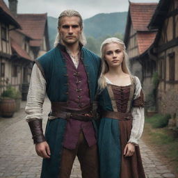 Visualize a Witcher-inspired poster featuring a dashing prince standing next to a beautiful girl, both dressed in distinctively medieval village attire.