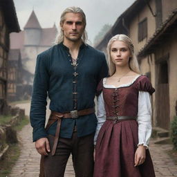 Visualize a Witcher-inspired poster featuring a dashing prince standing next to a beautiful girl, both dressed in distinctively medieval village attire.