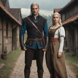 Visualize a Witcher-inspired poster featuring a dashing prince standing next to a beautiful girl, both dressed in distinctively medieval village attire.