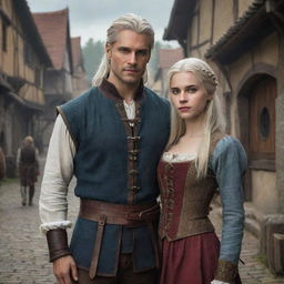 Visualize a Witcher-inspired poster featuring a dashing prince standing next to a beautiful girl, both dressed in distinctively medieval village attire.