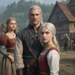 A Witcher-inspired poster where a prince and a beautiful girl in villagers' clothes are in the foreground. In front of them, their younger selves are depicted.