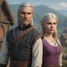 A Witcher-inspired poster where a prince and a beautiful girl in villagers' clothes are in the foreground. In front of them, their younger selves are depicted.