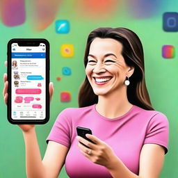 This revised digital art image now portrays a woman in her forties, smiling as she learns to navigate Instagram on her smartphone