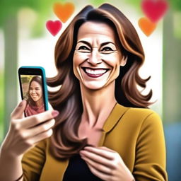 This revised digital art image now portrays a woman in her forties, smiling as she learns to navigate Instagram on her smartphone