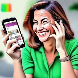 This revised digital art image now portrays a woman in her forties, smiling as she learns to navigate Instagram on her smartphone