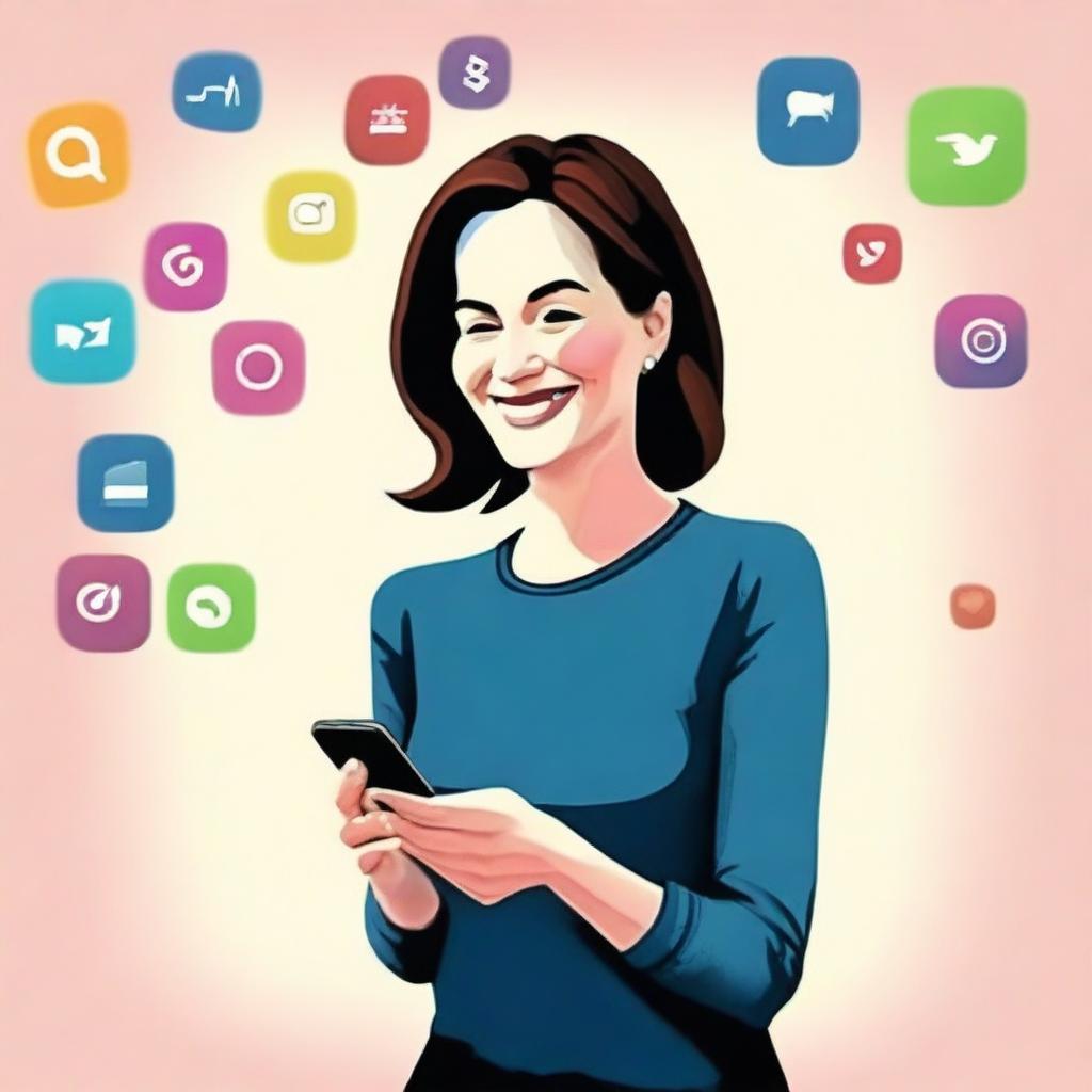 This revised digital art image now portrays a woman in her forties, smiling as she learns to navigate Instagram on her smartphone