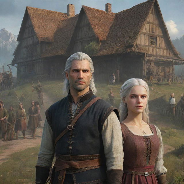 A Witcher-inspired poster where a prince and a beautiful girl in villagers' clothes are in the foreground. In front of them, their younger selves are depicted.