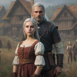 A Witcher-inspired poster where a prince and a beautiful girl in villagers' clothes are in the foreground. In front of them, their younger selves are depicted.