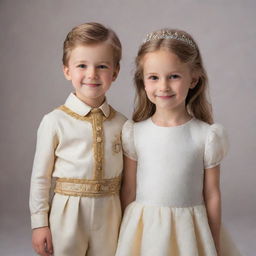 A cute little girl and a charming little prince standing side by side with innocent smiles.