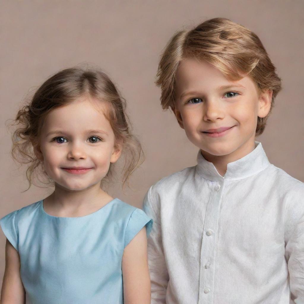 A cute little girl and a charming little prince standing side by side with innocent smiles.