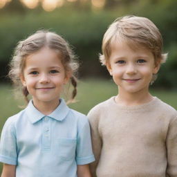 A cute little girl and a charming little prince standing side by side with innocent smiles.