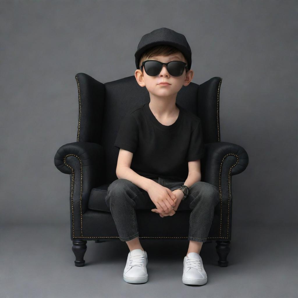 Render a 3D illusion of a stylish young boy in a black shirt and sunglasses, wearing sneakers and a black cricket cap, seated casually on a Wingback Chair, looking ahead.