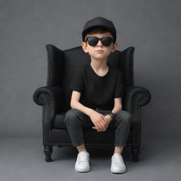 Render a 3D illusion of a stylish young boy in a black shirt and sunglasses, wearing sneakers and a black cricket cap, seated casually on a Wingback Chair, looking ahead.