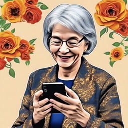 The revised digital art image now shows a slightly older woman, perhaps in her early sixties, joyfully learning to use Instagram on her smartphone