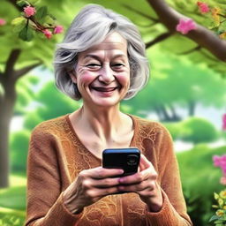 The revised digital art image now shows a slightly older woman, perhaps in her early sixties, joyfully learning to use Instagram on her smartphone