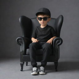 Render a 3D illusion of a stylish young boy in a black shirt and sunglasses, wearing sneakers and a black cricket cap, seated casually on a Wingback Chair, looking ahead.