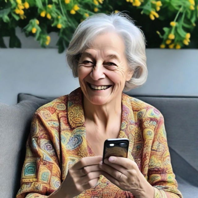 The revised digital art image now shows a slightly older woman, perhaps in her early sixties, joyfully learning to use Instagram on her smartphone