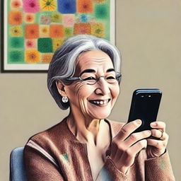 The revised digital art image now shows a slightly older woman, perhaps in her early sixties, joyfully learning to use Instagram on her smartphone